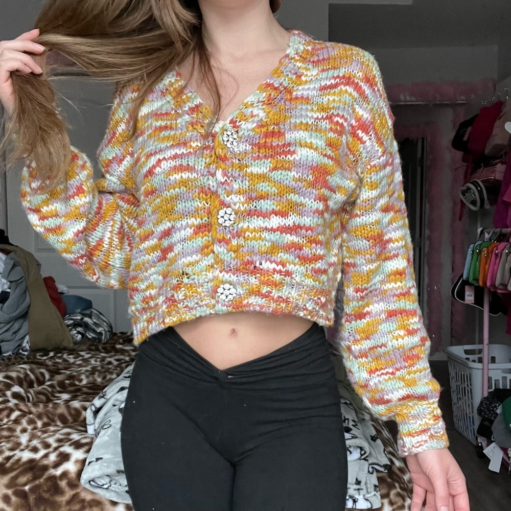 Wild Fable Colorful Cropped Knit Cardigan with Rhinestone Buttons